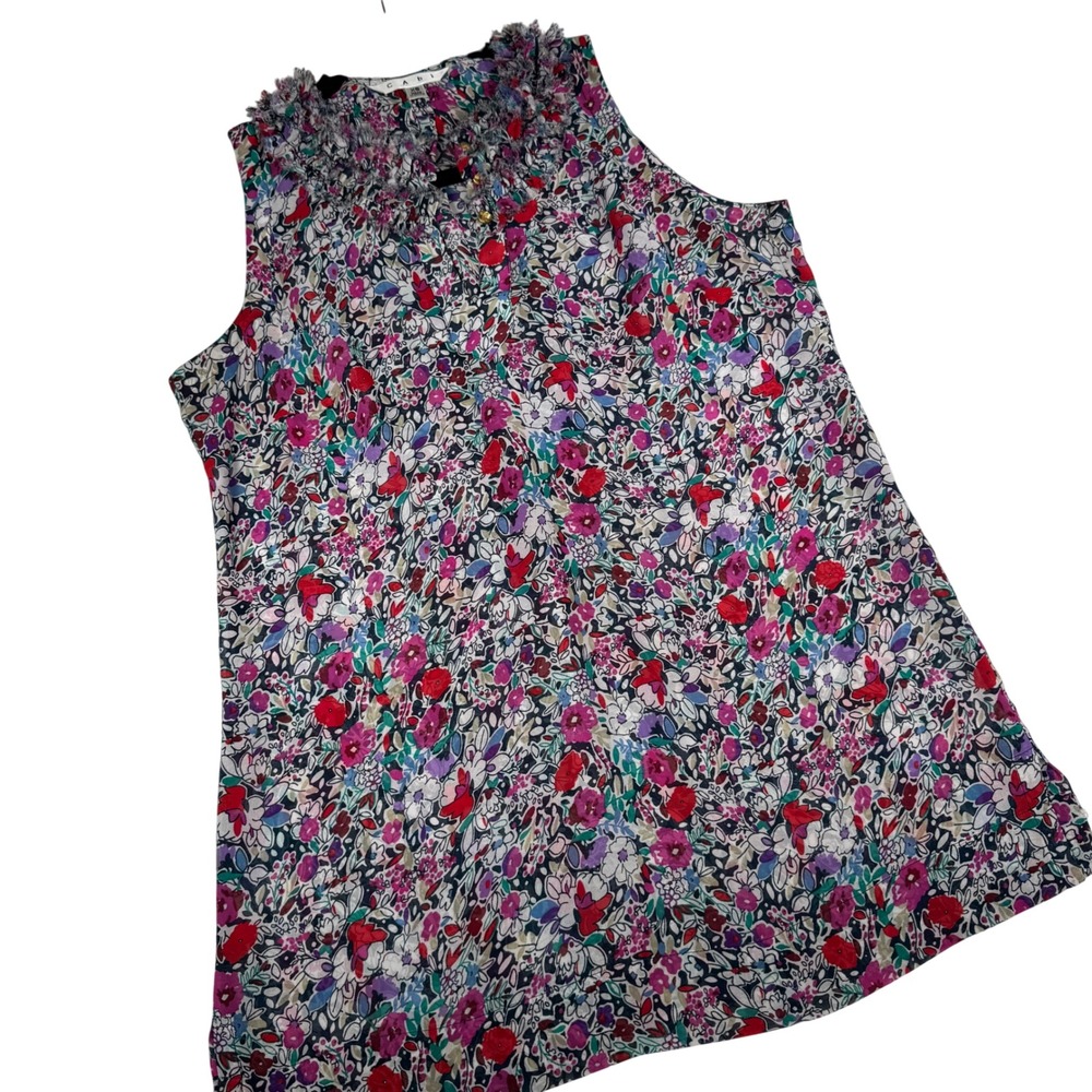 Cabi Womens Top XS Sleeveless Liberty Floral Print Ruffle Collar Button Detail